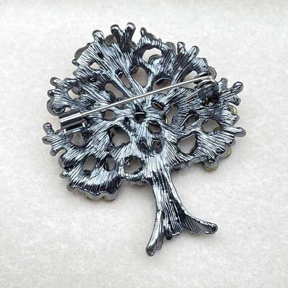 Gunmetal Gray with Multicolored Crystal Blooming Tree Pin Back Brooch - Picture 8 of 9